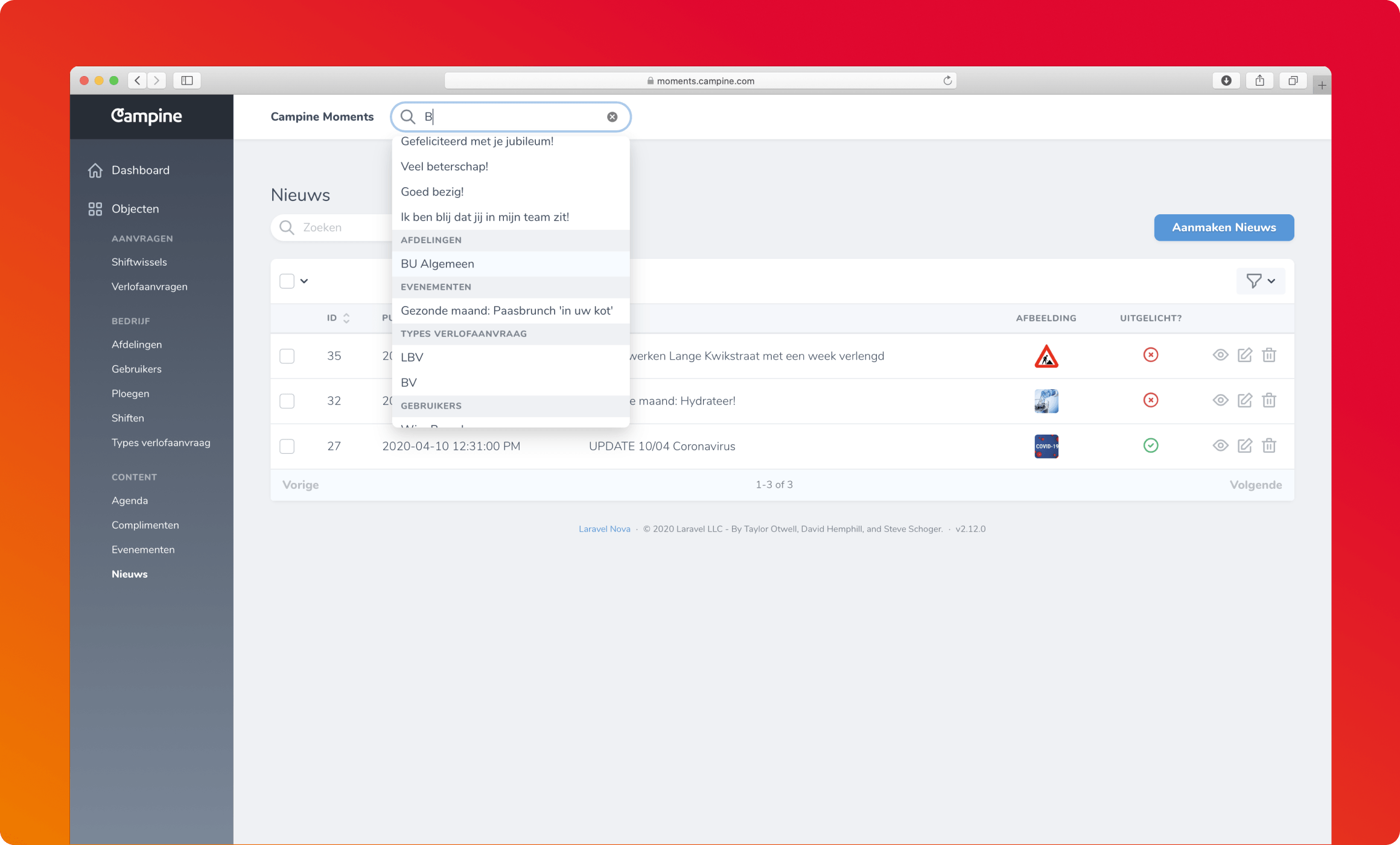 Screenshot Campine Moments web admin