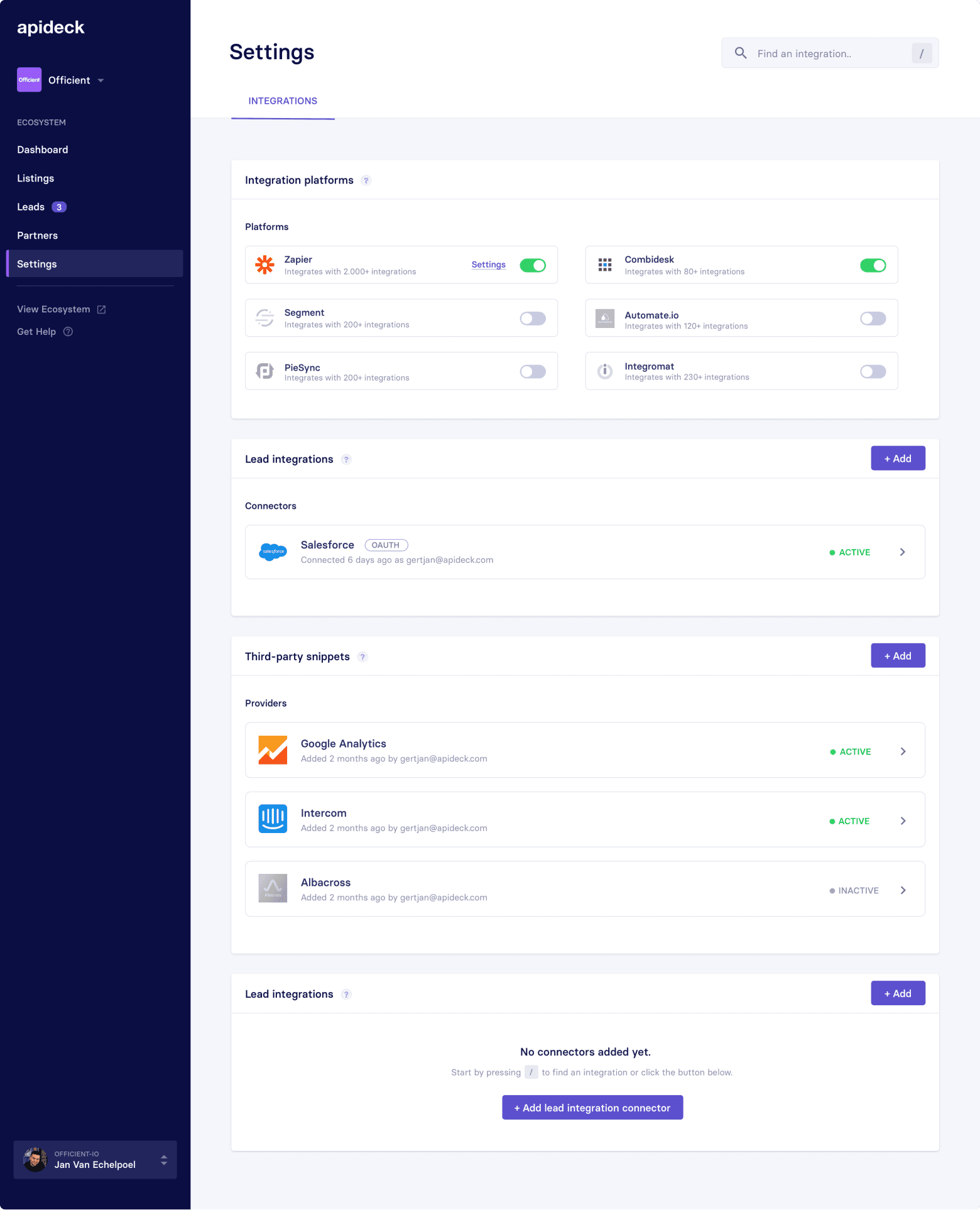 Apideck web app settings integrations